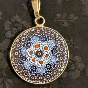 Gold Over Sterling Silver Red And Blue Millefiori Glass Floral Pendant